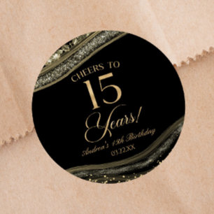 Sticker Rond Elégante Black Gold Agate 15e fête d'anniversaire