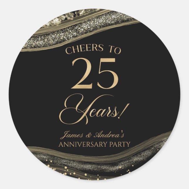 Sticker Rond Élégante Black Gold Agate 25e anniversaire fête (Devant)
