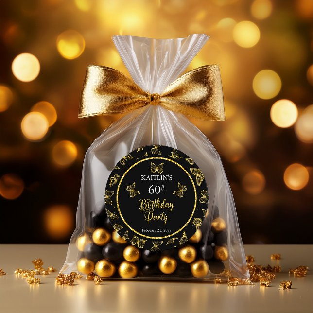 Sticker Rond Elégante Black Gold Butterflies 60e fête d'anniver (Elegant Black and Faux Gold Glitter Butterflies 60th Birthday Party Classic Round Stickers)