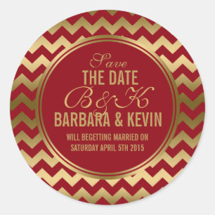 Sticker Rond Elégante Bourgogne & Or Géométrique Zigzag Chevron