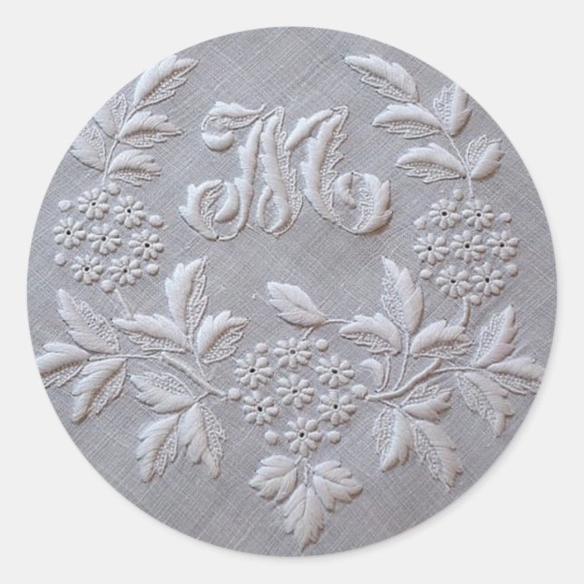 Sticker Rond Élégante Broderie Gris lettre M (Devant)