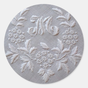 Sticker Rond Élégante Broderie Gris lettre M