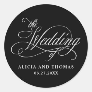 Sticker Rond Élégante calligraphie Mariage noir et argent