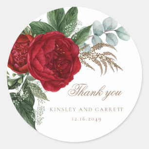 Sticker Rond Élégante calligraphie or Rouge Floral Mariage