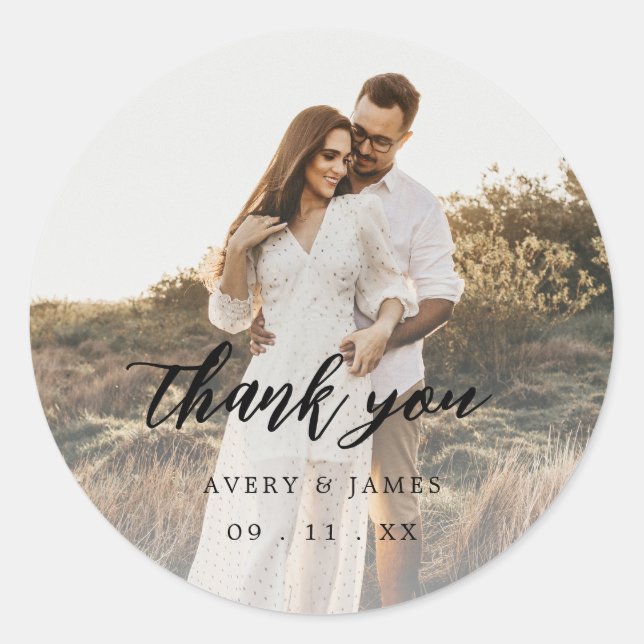 Sticker Rond Élégante calligraphie photo Favoriser le Mariage M (Devant)