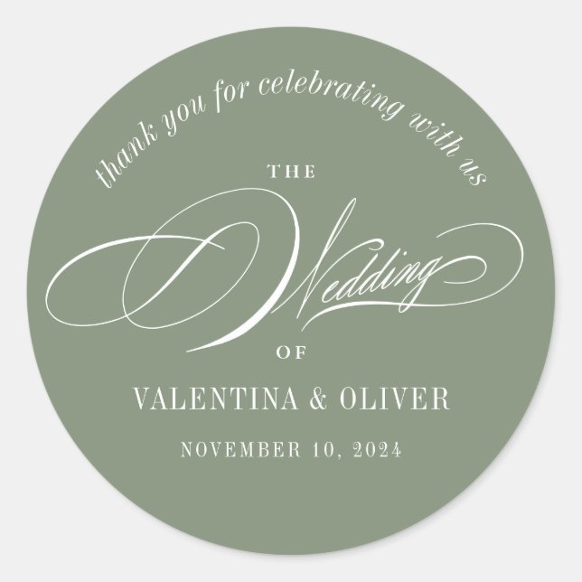 Sticker Rond Élégante calligraphie Sage Green Mariage (Devant)