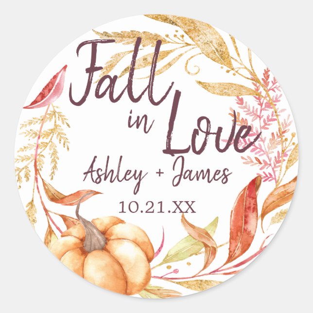 Sticker Rond Élégante chute en amour Automne Mariage Monogramme (Devant)