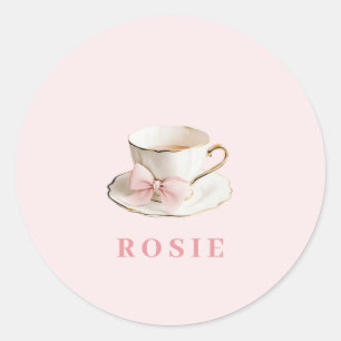 Sticker Rond Elégante Coquette Preppy Pink Teacup avec Bow