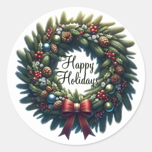 Sticker Rond Élégante couronne de Noël Joyeuses fêtes (Devant)