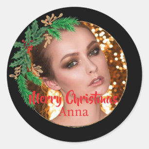 Sticker Rond Élégante couronne de Noël photo Black Gold