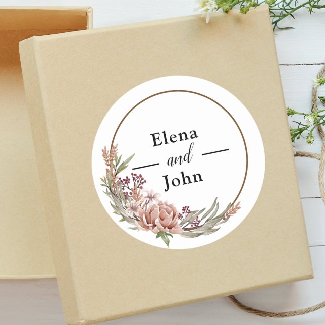 Sticker Rond Élégante couronne florale Mariage personnalisé (Créateur téléchargé)