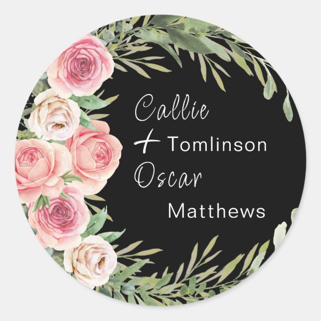 Sticker Rond Élégante couronne florale sur Mariage noir (Devant)