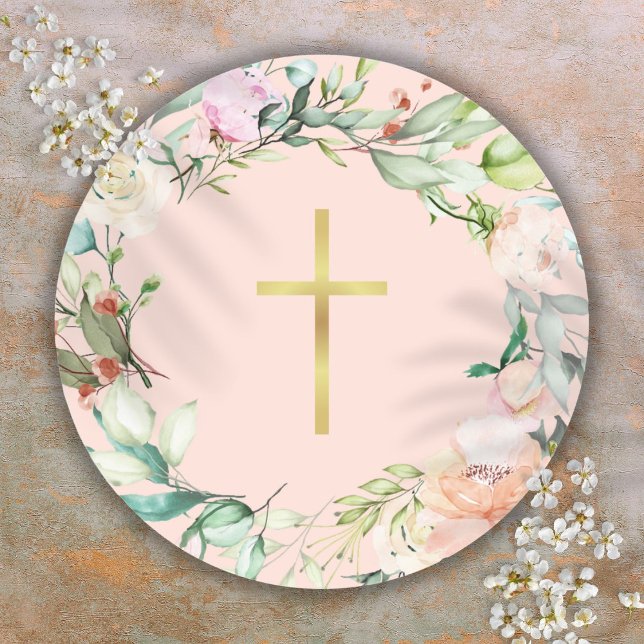 Sticker Rond Elégante Croix d'or Bois Rose Garland Floral (Elegant Gold Cross Woodland Rose Garland Floral Classic Round Sticker)