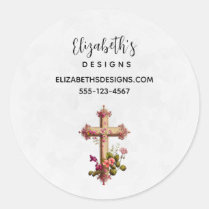 Sticker Rond Elégante Croix en bois avec Fleurs roses Business