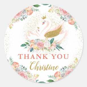 Sticker Rond Elégante Cygne Or Princesse Merci rose Floral