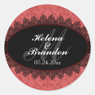 Sticker Rond Elégante dentelle et Damas Monogram Mariage Seals