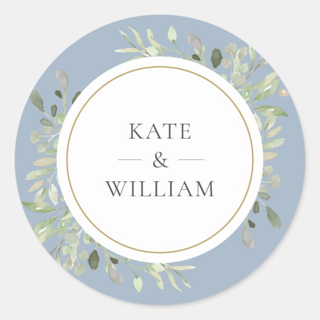 Sticker Rond Elégante Dusty Blue Greenery Mariage Gold Favorise (Devant)