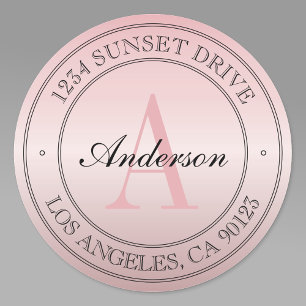 Sticker Rond Elégante Faux Rose Gold Ombre Pink Monogram Adress