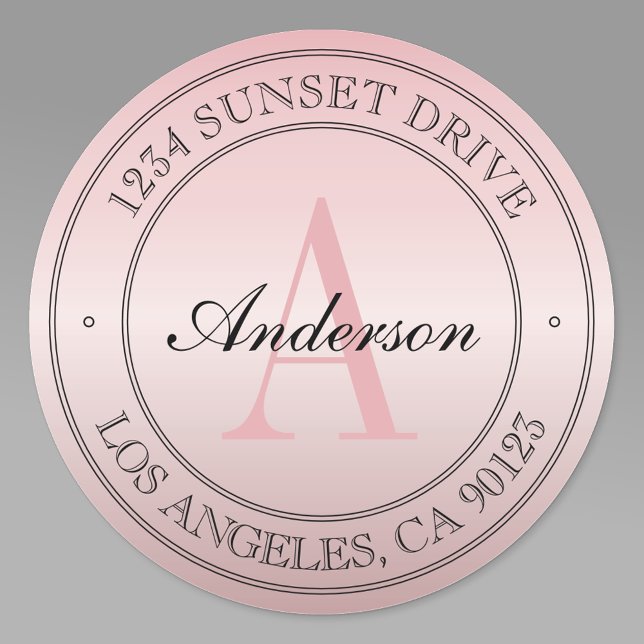 Sticker Rond Elégante Faux Rose Gold Ombre Pink Monogram Adress (Créateur téléchargé)