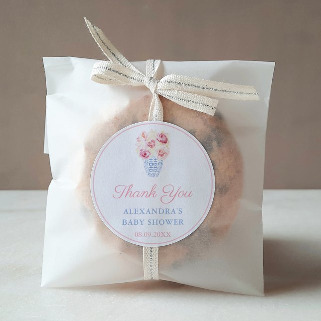 Sticker Rond Élégante Feminine Rose Bleu Fête des mariées Favor (Pretty Pink Roses In Pale Blue And White Ginger Jar Thank You Baby Shower Favor Sticker Design)