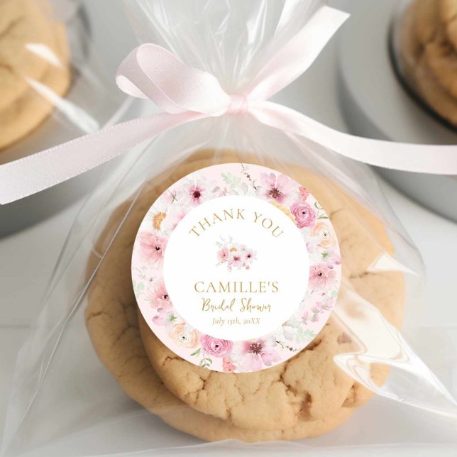 Sticker Rond Élégante Fête de Mariage Florale Rose (Cute Watercolor Pink floral Bridal Shower Round sticker)