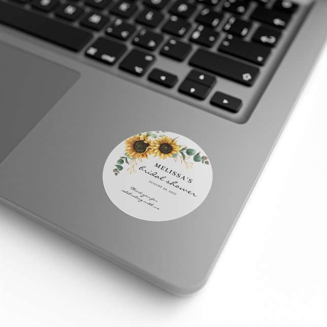 Sticker Rond Elégante Fête des mariées florale de tournesol Euc (Floral Sunflower Eucalyptus Botanical Bridal Shower Circle Sticker)