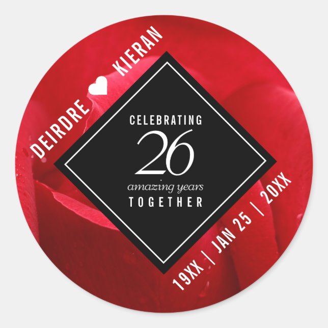 Sticker Rond Élégante fête du 26e anniversaire du Mariage Rose (Devant)