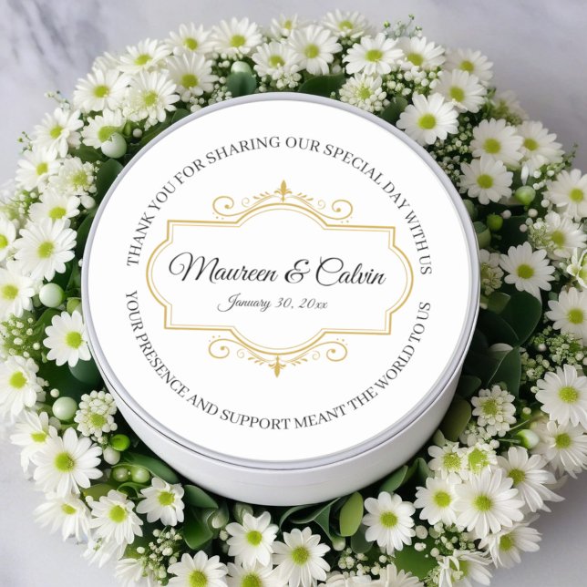 Sticker Rond Elégante Filigree or sur blanc, Mariage (Créateur téléchargé)