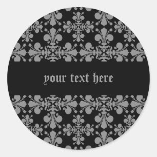 Sticker Rond Elégante fleur de lis gothique damassé noir et gri
