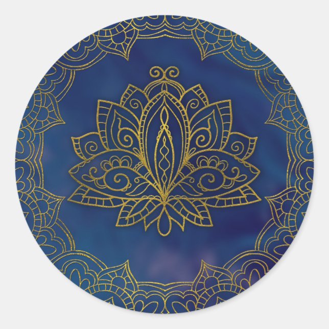 Sticker Rond Élégante fleur de Lotus or sur bleu (Devant)