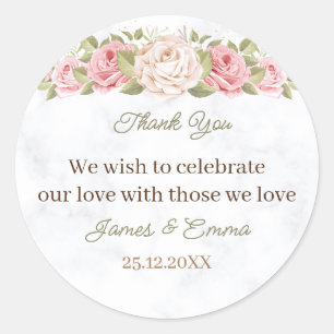 Sticker Rond Élégante Fleur Rose Mariage personnalisé