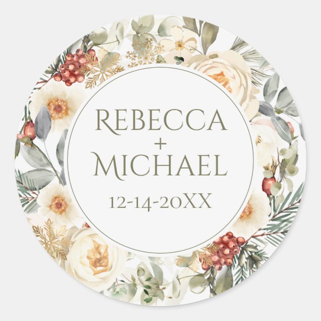 Sticker Rond Élégante florale d'hiver Mariage personnalisé (Devant)