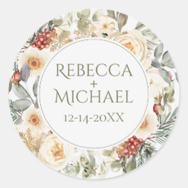 Sticker Rond Élégante florale d'hiver Mariage personnalisé