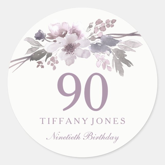 Sticker Rond Elégante florale violette 90e fête d'anniversaire (Devant)