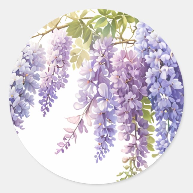 Sticker Rond Elégante glycine d'aquarelle violette bleu floral (Devant)