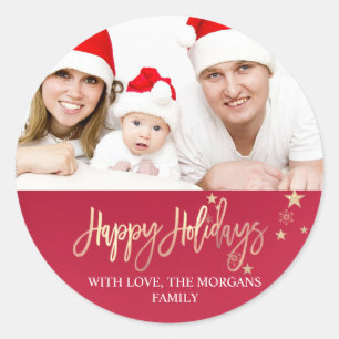 Sticker Rond Elégante Gold Stars Rouge Photo Joyeux Noël