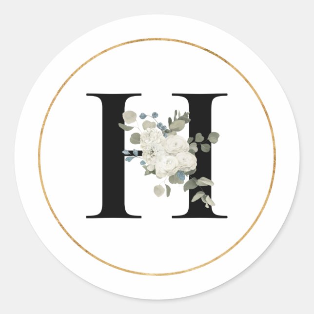 Sticker Rond Élégante lettre H florale blanche sur blanc (Devant)