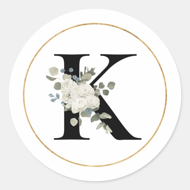 Sticker Rond Élégante lettre K florale blanche sur blanc (Devant)