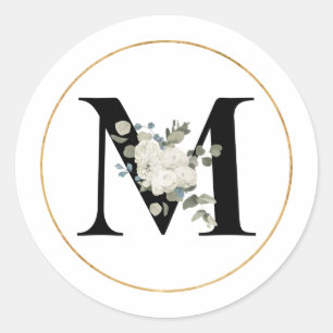 Sticker Rond Élégante lettre M florale blanche M sur blanc