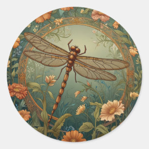 Sticker Rond Élégante libellule verte de printemps Art Nouveau