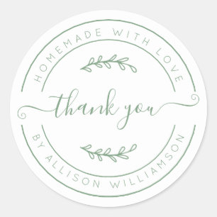Sticker Rond Elégante Maison faite avec amour Merci blanc vert