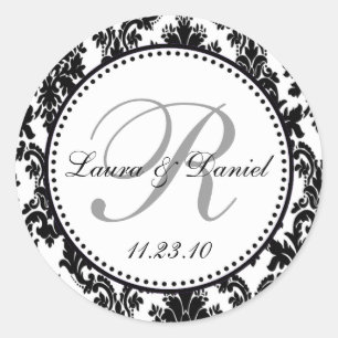 Sticker Rond Elégante Mariage damassé en argent blanc noir