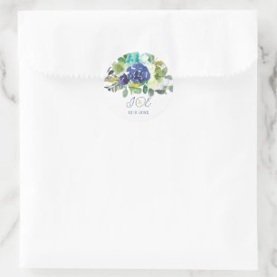 Sticker Rond Élégante Marine Blanche Roses Paraphe Monogramme n