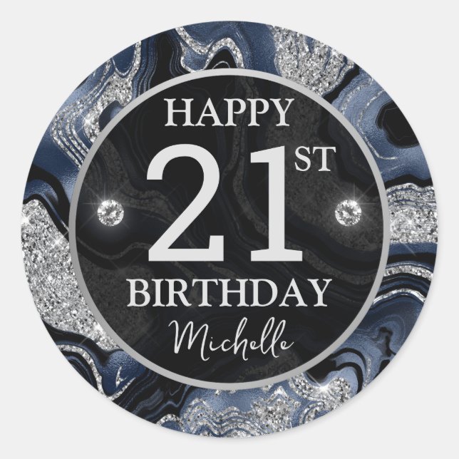 Sticker Rond Elégante Marine Blue & Silver Parties scintillant  (Devant)