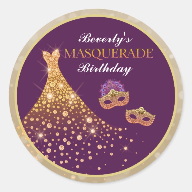 Sticker Rond Elégante Mascarade d'anniversaire de Glam (Devant)