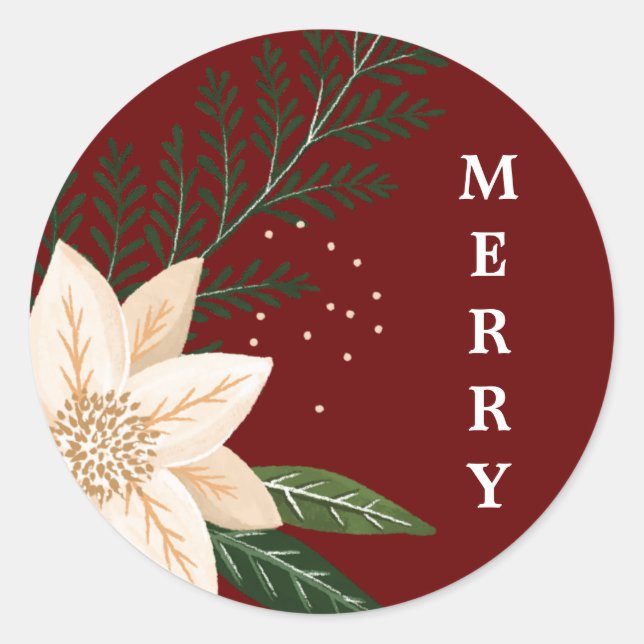 Sticker Rond Elégante Poinsettia Joyeuse Aquarelle de Noël (Devant)