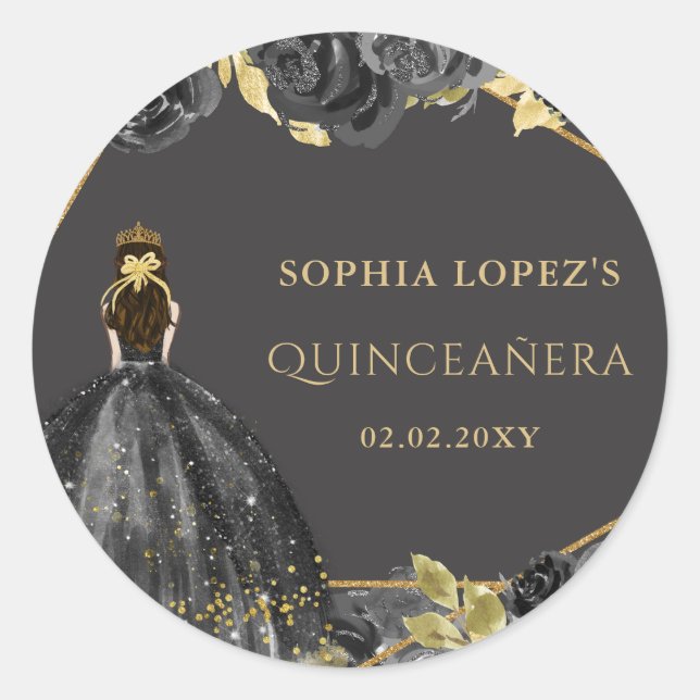 Sticker Rond Élégante princesse florale d'or noir Quinceanera (Devant)