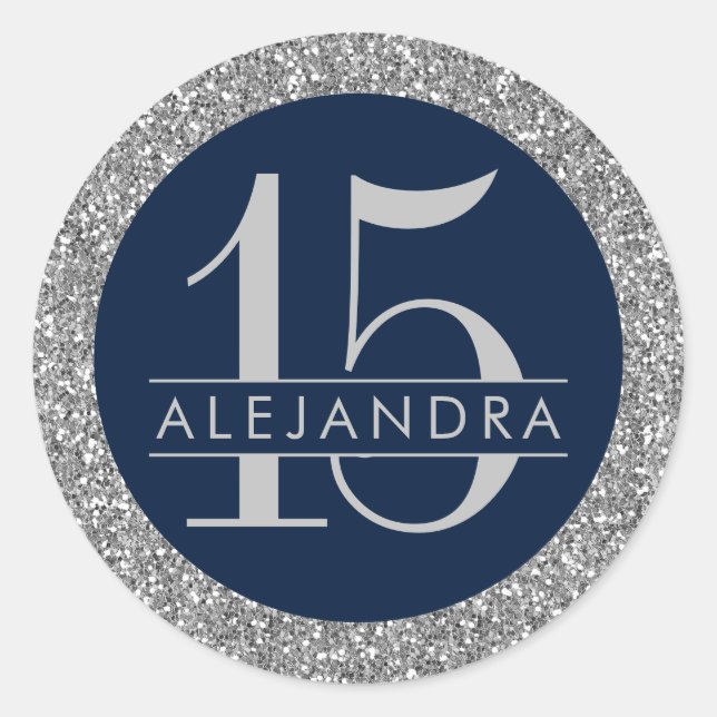 Sticker Rond Elégante Quinceanera de la marine d'argent 15e ann (Devant)