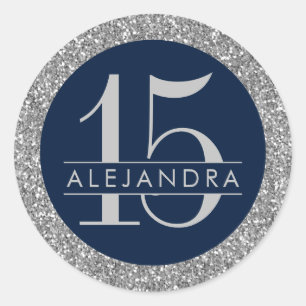 Sticker Rond Elégante Quinceanera de la marine d'argent 15e ann