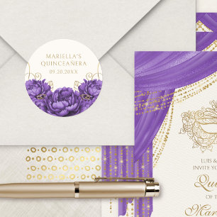 Sticker Rond Élégante Quinceanera Florale Violette